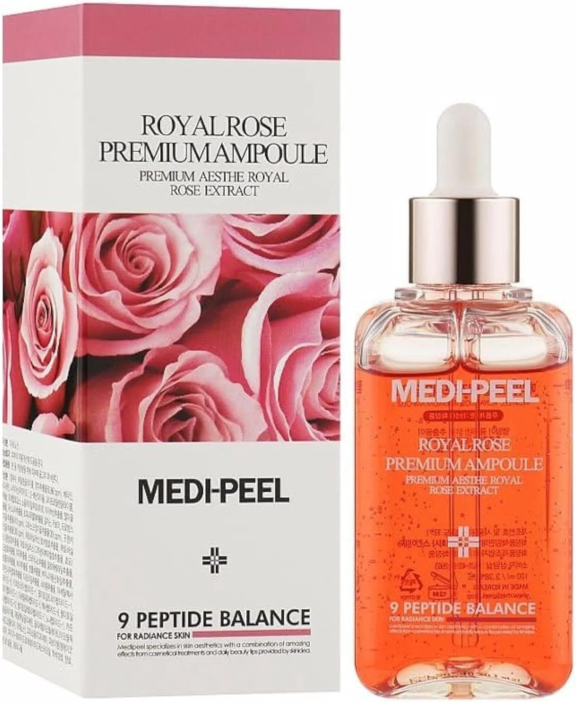 سرم آمپول مرطوب کننده صورت مدی-پیل رویال رز پریمیوم با عصاره گل رز، تعادل 9 پپتیدی، فرمولاسیون کره ای، حجم 100 میلی لیتر