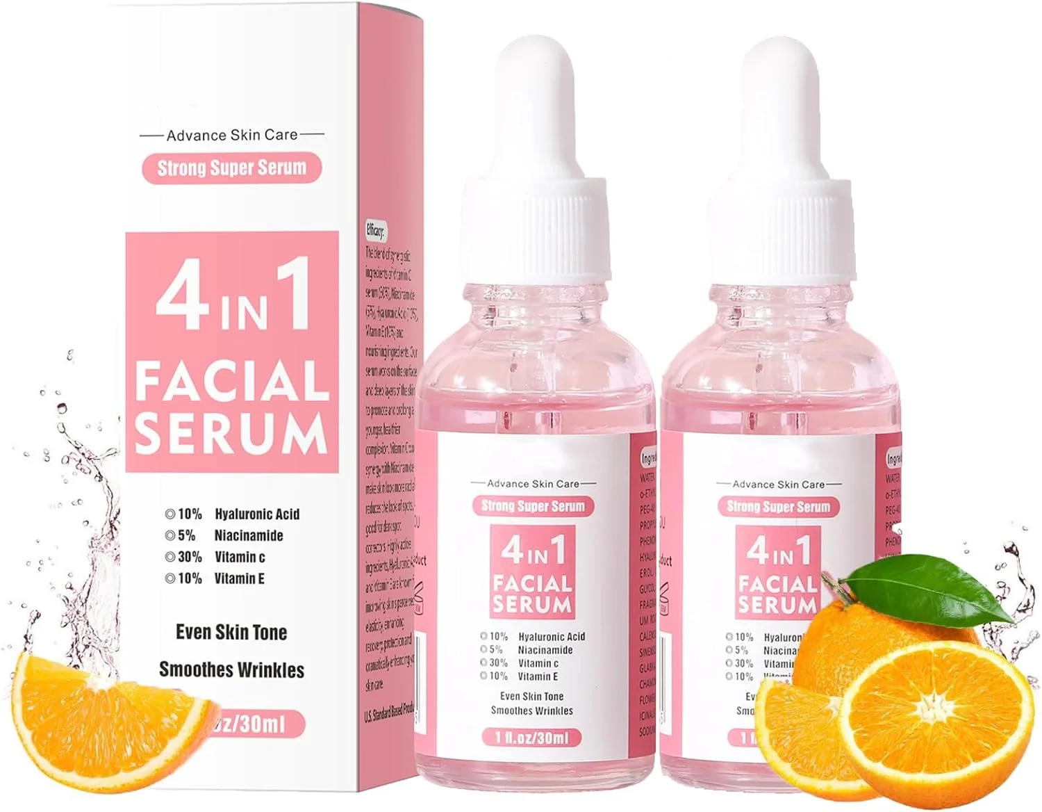 سرم صورت 4 در 1، حاوی ویتامین C، ویتامین E، هیالورونیک اسید و نیاسینامید، سرم صورت ویتامین C برای مرطوب کردن، سفت کردن و یکنواخت کردن رنگ پوست