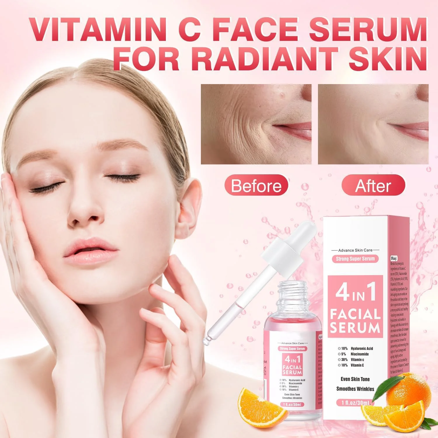 سرم صورت 4 در 1، حاوی ویتامین C، ویتامین E، هیالورونیک اسید و نیاسینامید، سرم صورت ویتامین C برای مرطوب کردن، سفت کردن و یکنواخت کردن رنگ پوست