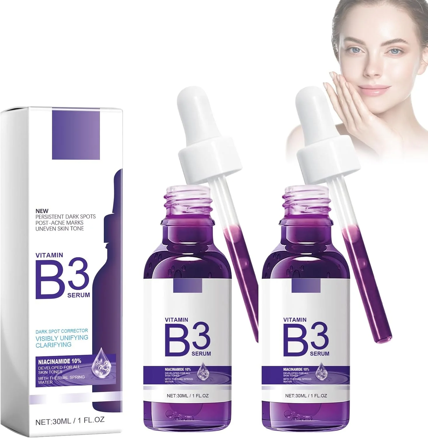 سرم B3، سرم روشن کننده و اصلاح کننده لک های تیره، کاهش خطوط ریز و چین و چروک، اسانس صورت ضد پیری، مرطوب کننده، کاهش منافذ، مناسب برای انواع پوست