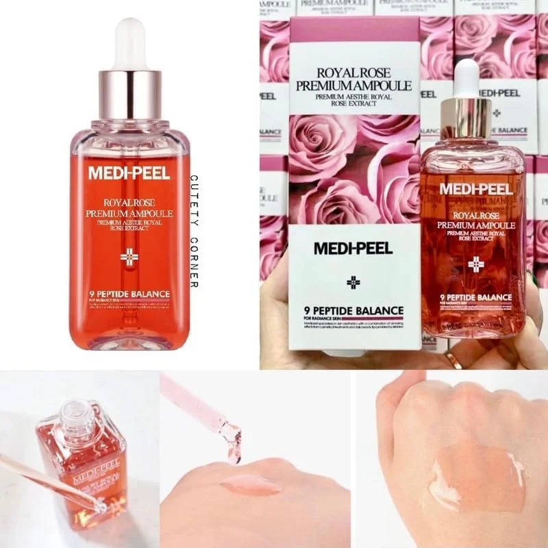 سرم آمپول مرطوب کننده صورت مدی-پیل رویال رز پریمیوم با عصاره گل رز، تعادل 9 پپتیدی، فرمولاسیون کره ای، حجم 100 میلی لیتر