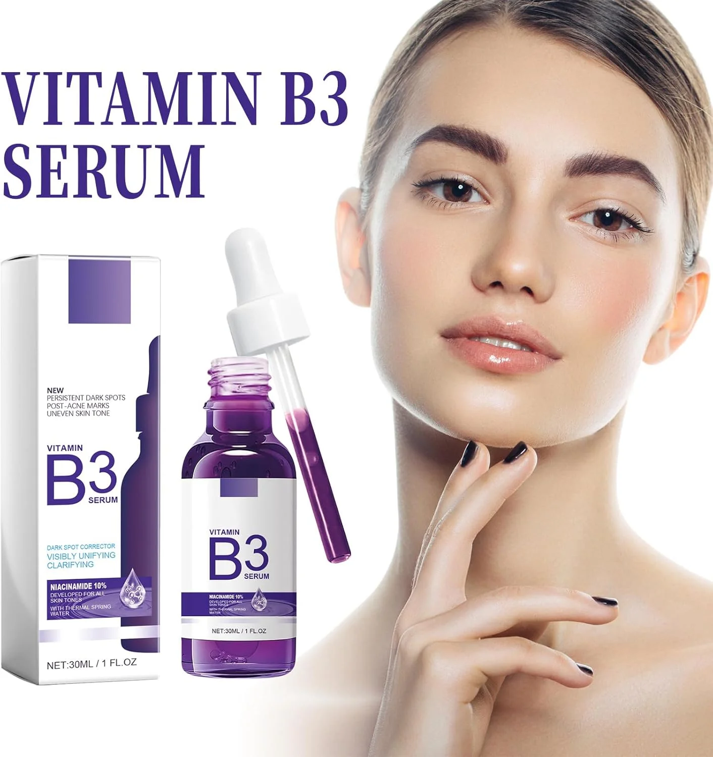 سرم B3، سرم روشن کننده و اصلاح کننده لک های تیره، کاهش خطوط ریز و چین و چروک، اسانس صورت ضد پیری، مرطوب کننده، کاهش منافذ، مناسب برای انواع پوست