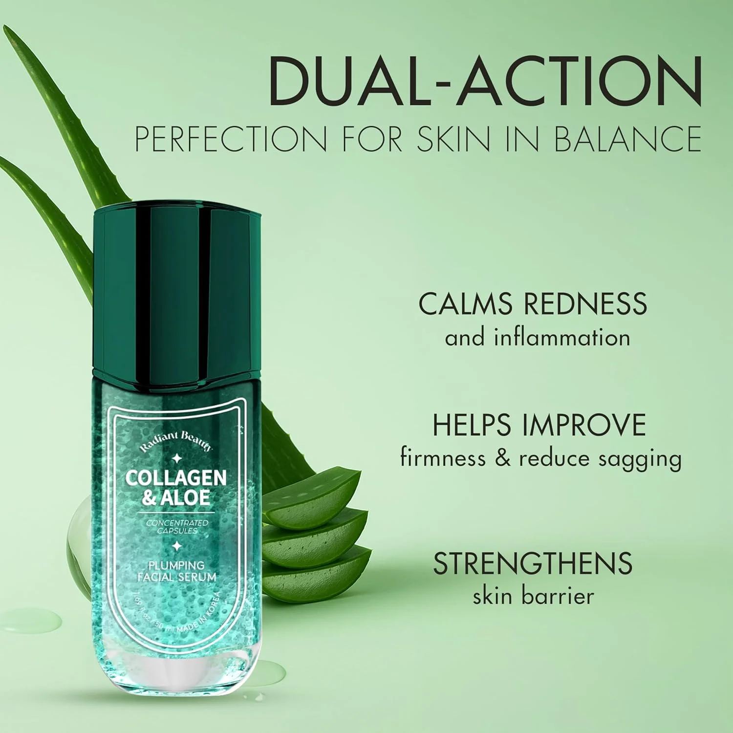 سرم صورت کلاژن و آلوئه ورا - تسکین دهنده و مرطوب کننده - کاهش چین و چروک و خطوط ریز، مقابله با لکه های تیره - ساخت کره - 50 میلی لیتر