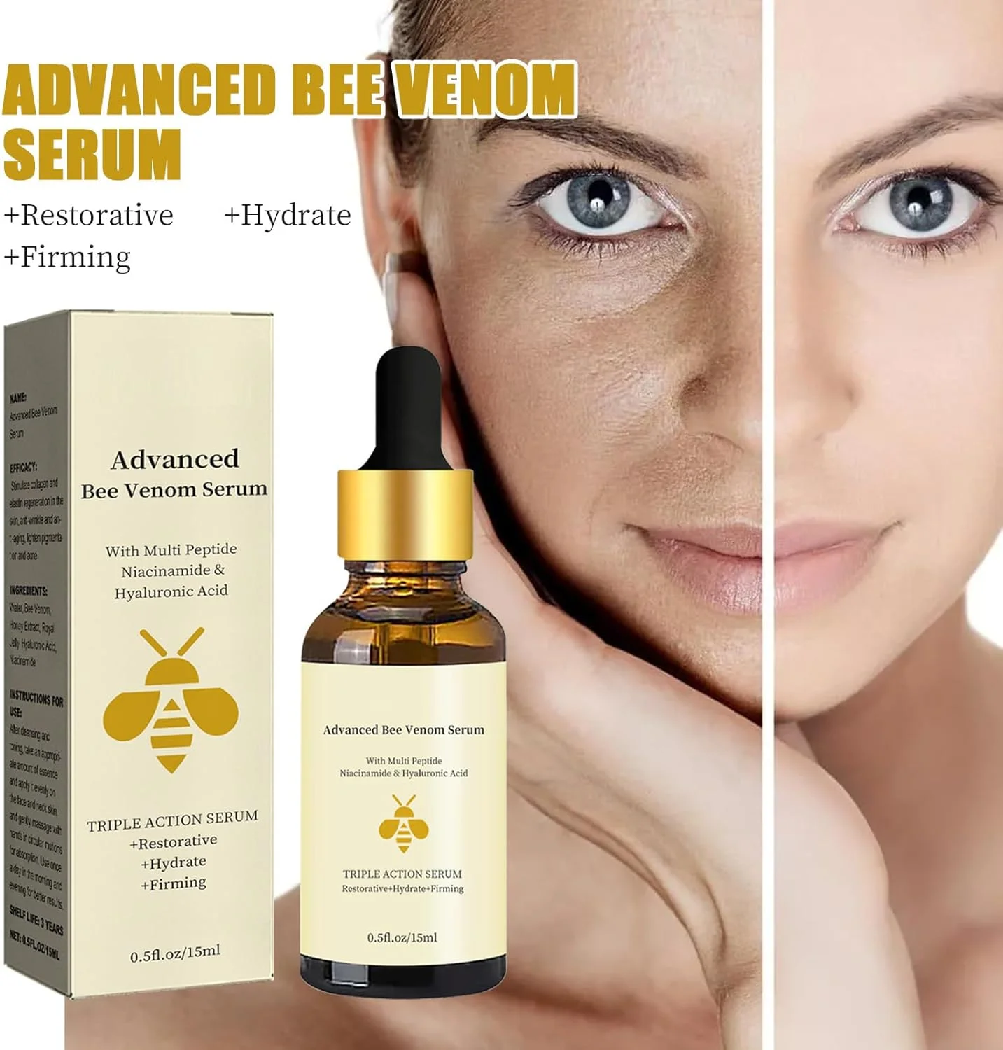 سرم اسانس ضد چروک زهر زنبور عسل، سرم پیشرفته زهر زنبور عسل، سرم مراقبت از پوست مرطوب کننده و مغذی با پپتیدهای متعدد، اسید هیالورونیک، سرم ترمیم کننده سه گانه