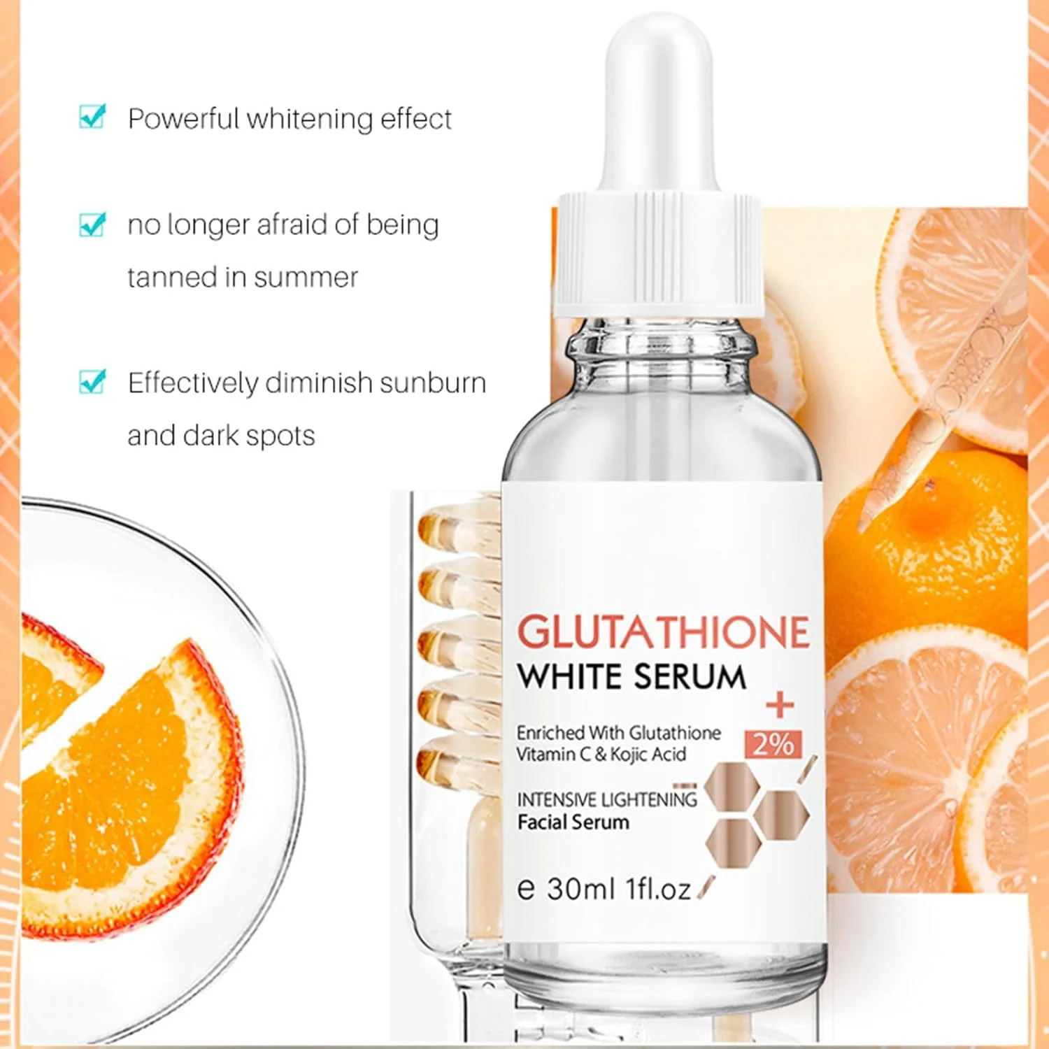 سرم سفید کننده گلوتاتیون برای صورت و گردن، روشن کننده پوست، مرطوب کننده عمیق و اسانس با جذب سریع برای انواع پوست، قابل استفاده روز/شب