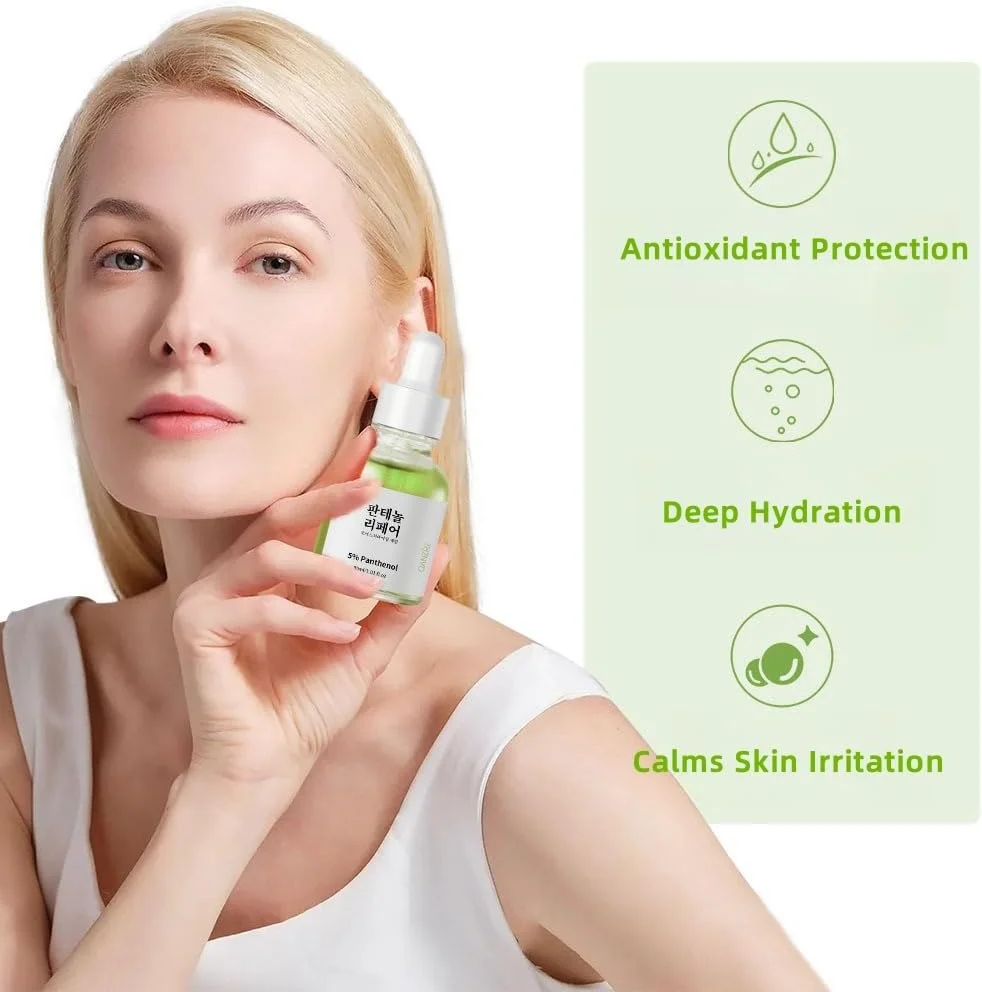 سرم تسکین دهنده کره ای حاوی عصاره چای سبز 5% پانتنول، مرطوب کننده و احیا کننده، مناسب برای پوست های حساس، دارای آکنه و تحریک شده در اثر اشعه ماوراء بنفش، مراقبت روزانه از پوست با اسانس مرطوب کننده و آبرسان پانتنول