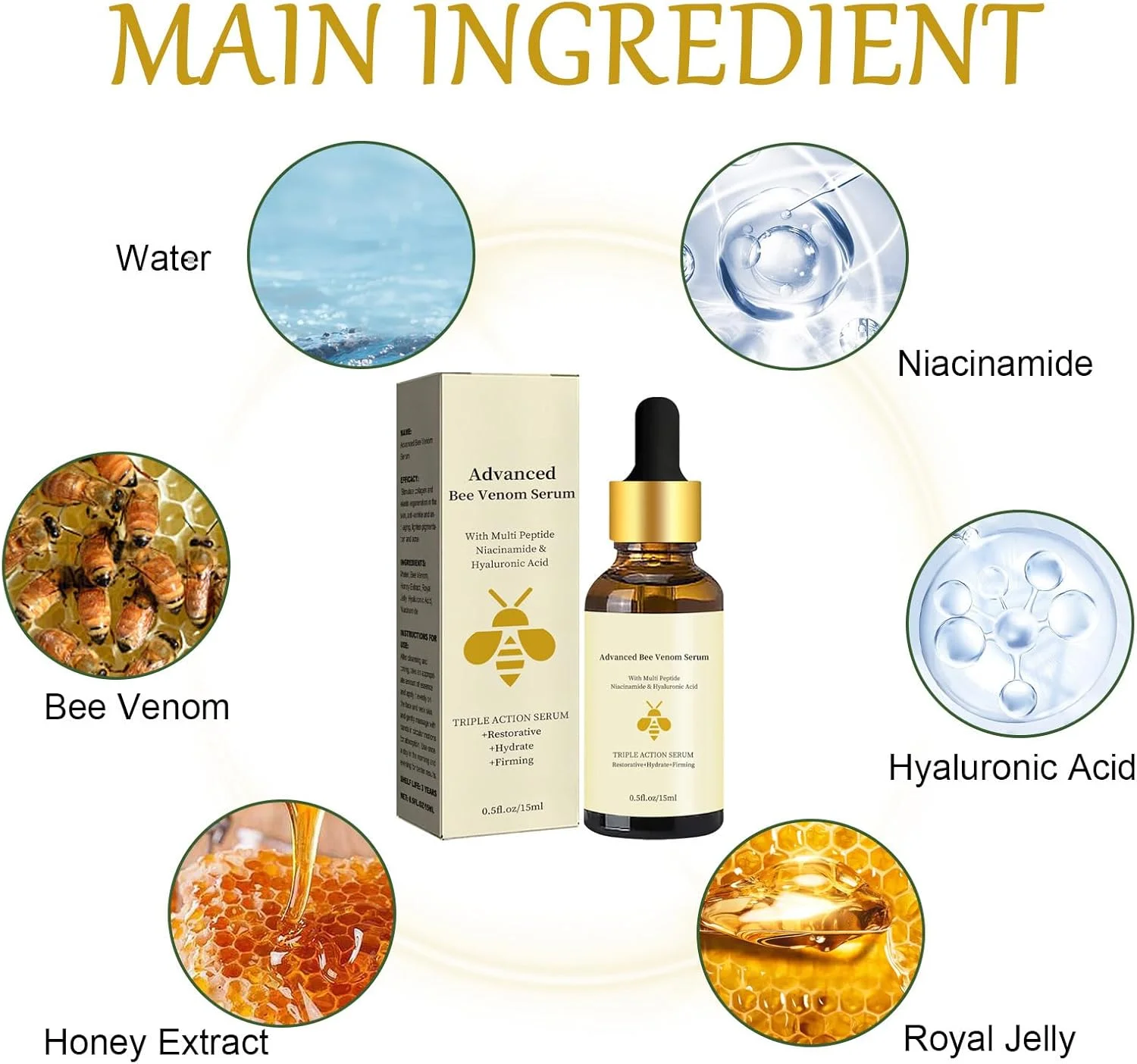 سرم اسانس ضد چروک زهر زنبور عسل، سرم پیشرفته زهر زنبور عسل، سرم مراقبت از پوست مرطوب کننده و مغذی با پپتیدهای متعدد، اسید هیالورونیک، سرم ترمیم کننده سه گانه
