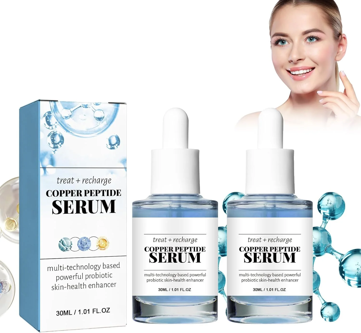 سرم صورت پپتید مس آبی، اسید هیالورونیک، مرطوب کننده، ضد پیری و روشن کننده پوست، کاهش خطوط ریز و چین و چروک، بهبود سد پوستی، حجیم کننده و درخشان کننده پوست (2 عدد)