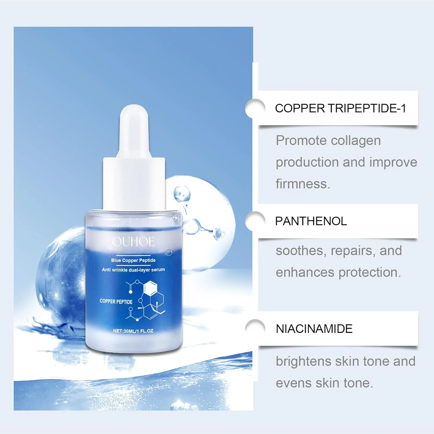 سرم مرطوب کننده و ضد چروک صورت پپتید مس - سفت کننده و آبرسان برای خطوط ریز و استحکام پوست - 30 میلی لیتر