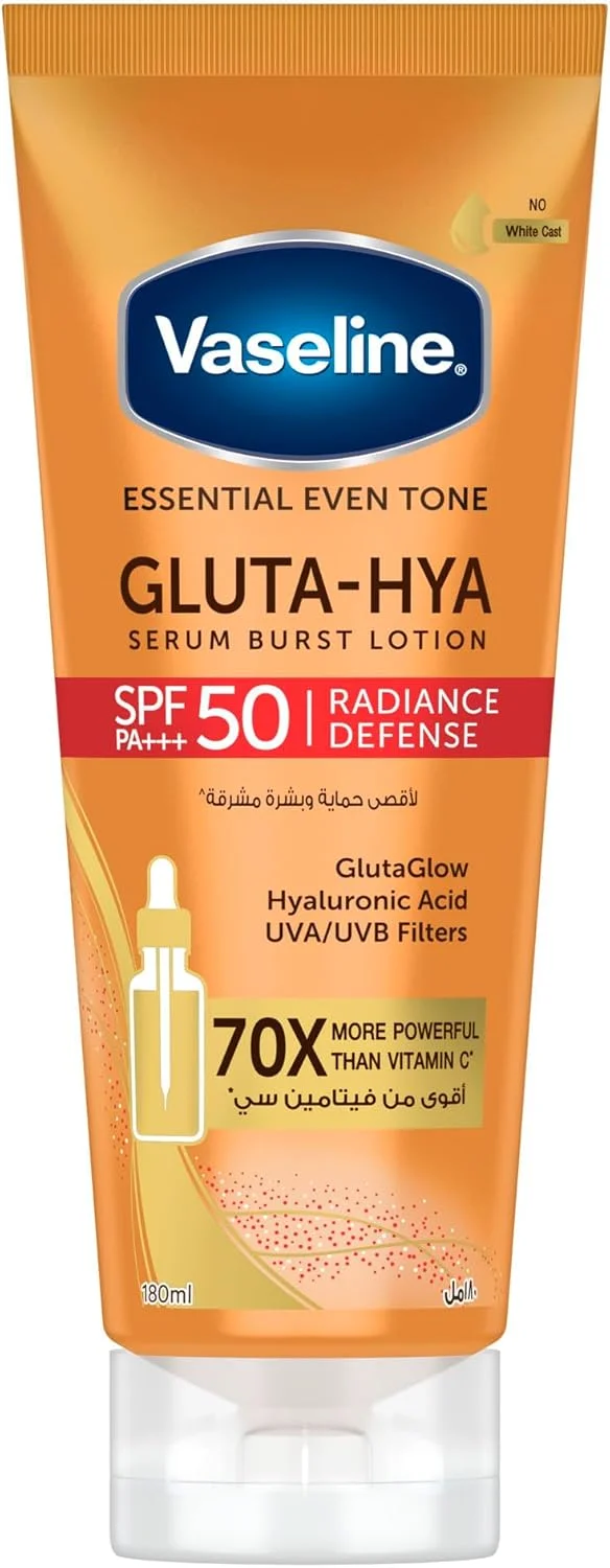 لوسیون سرمی وازلین Gluta-Hya، محافظت درخشان کننده، SPF 50 PA+++، با فناوری GlutaGlow، اسید هیالورونیک و فیلترهای UVA/UVB، 70 برابر قوی تر از ویتامین C، 180 میلی لیتر