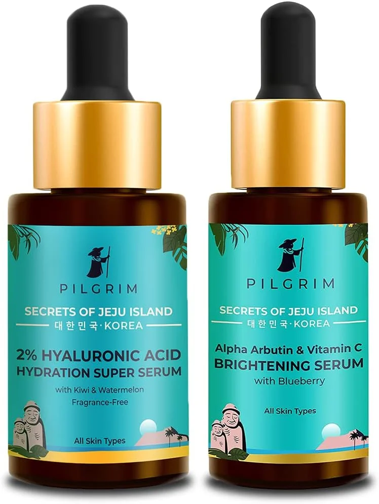 مجموعه تقویت کننده درخشش پیلگریم | سرم آبرسان سوپر هیالورونیک اسید 2% 30 میلی لیتر، سرم روشن کننده پوست آلفا آربوتین و ویتامین C 30 میلی لیتر | برای رنگدانه های صورت و پوست درخشان | مراقبت از پوست کره ای