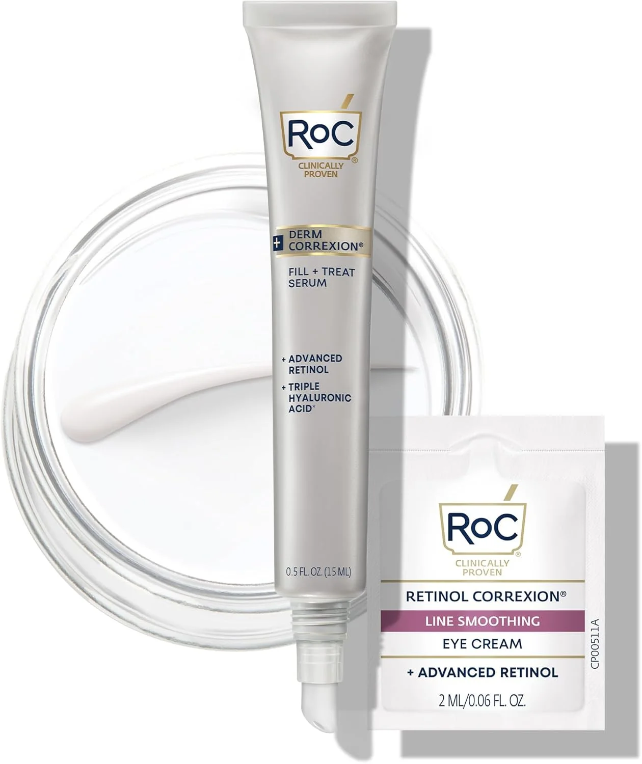 سرم پیشرفته رتینول RoC Derm Correxion Fill + Treat، درمان پرکننده چروک اسید هیالورونیک برای خطوط پنجه کلاغی، 11 چروک و خط خنده، (.5 fl oz) به همراه بسته رتینول