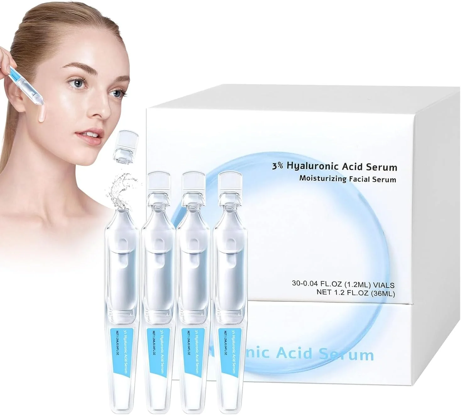 سرم مرطوب کننده حاوی 3% هیالورونیک اسید، سرم لوله ای هیالورونیک اسید برای مرطوب سازی عمیق و بی نقص پوست صورت، اسانس مراقبت از پوست (1 جعبه 30 عددی)