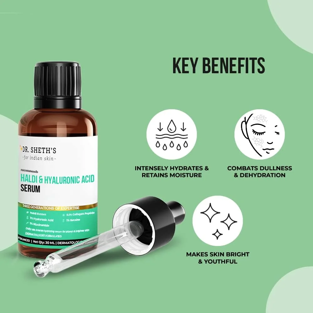 سرم صورت زردچوبه و 2% هیالورونیک اسید دکتر شث | حاوی 1% نیاسینامید و 0.1% پپتید کلاژن | برای آبرسانی عمیق، پوستی حجیم و شاداب | مناسب پوست های نرمال، خشک و چرب | بانوان و آقایان | 30 میلی لیتر