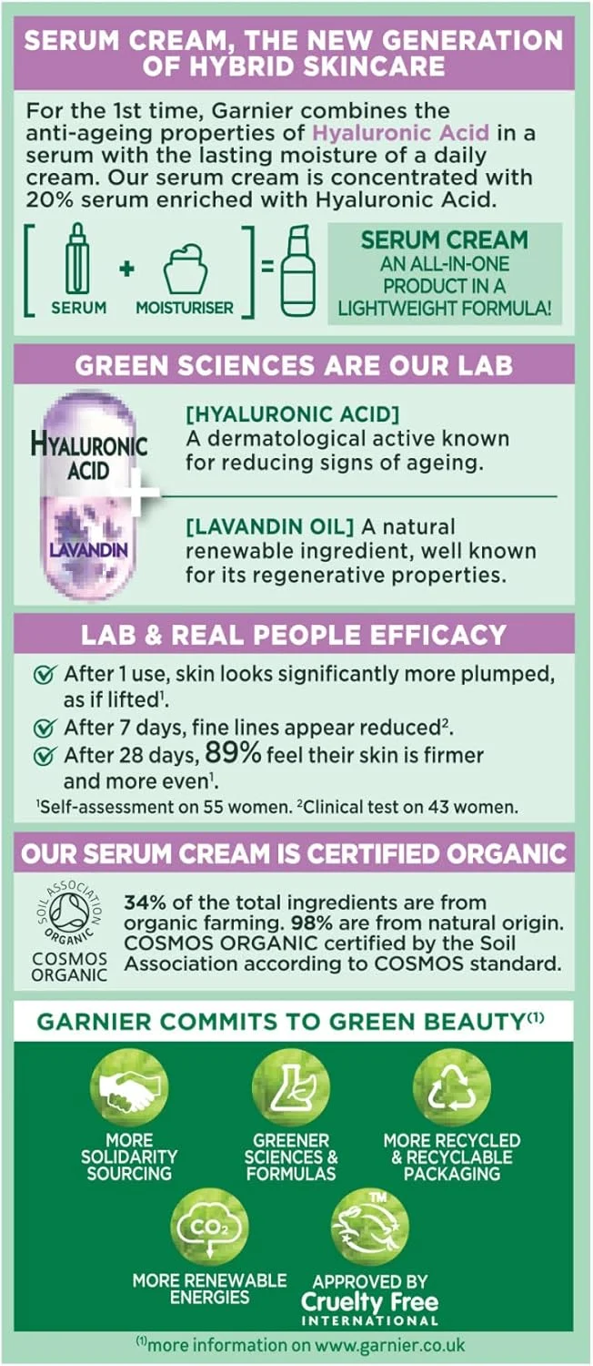 کرم سرم ارگانیک اسطوخودوس و هیالورونیک اسید گارنیه، فرمول 2 در 1 با سرم هیالورونیک اسید و مرطوب کننده آبرسان، پوست را حجیم می کند و خطوط ریز را کاهش می دهد، فرمول ارگانیک و گیاهی، 50 میلی لیتر