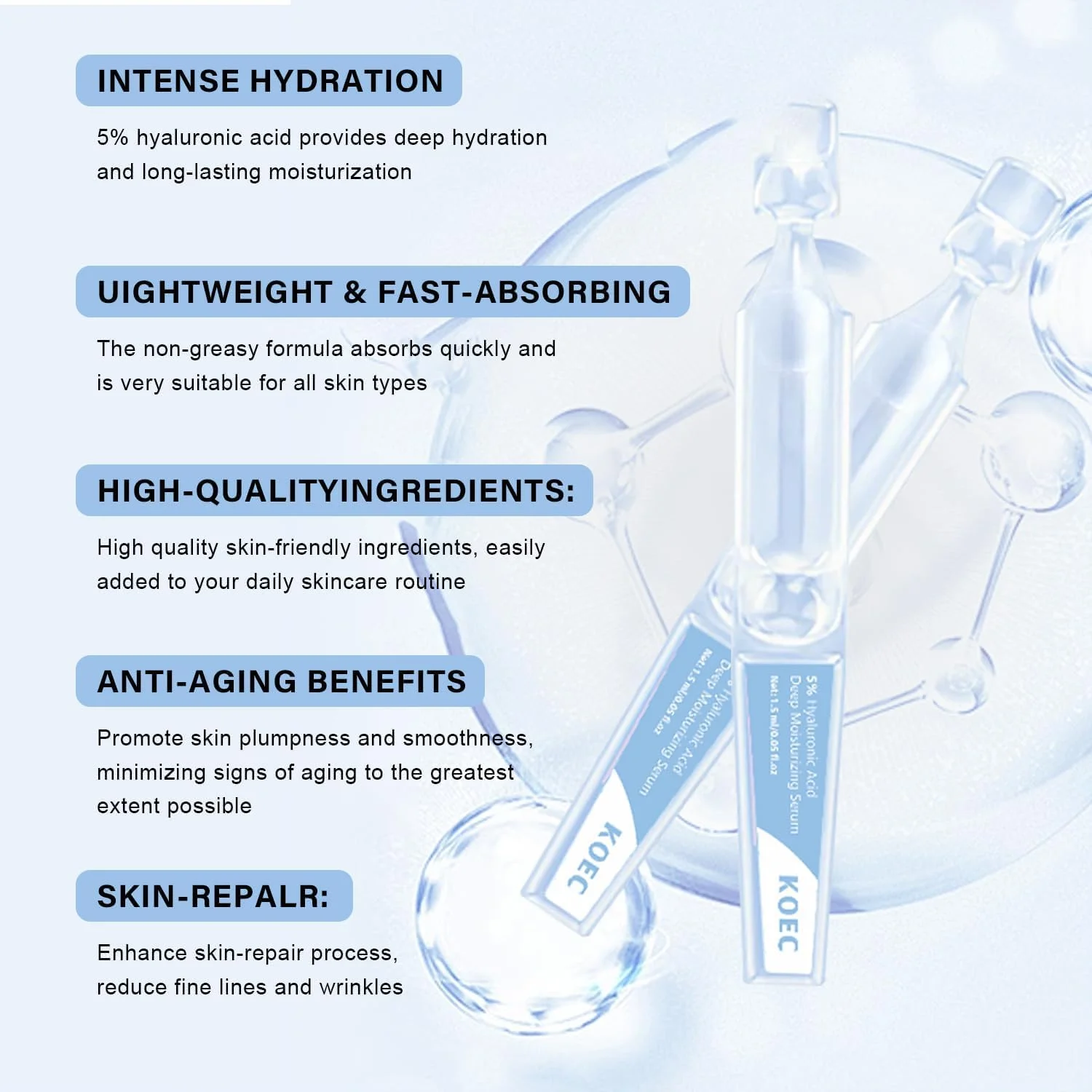 سرم هیالورونیک اسید 4D فوق آبرسان، سرم ضد پیری 5% هیالورونیک اسید برای آبرسانی عمیق و صاف کردن پوست، سرم ویال تک دوز برای پوست خشک و حساس، 1.5 میلی لیتر * 30