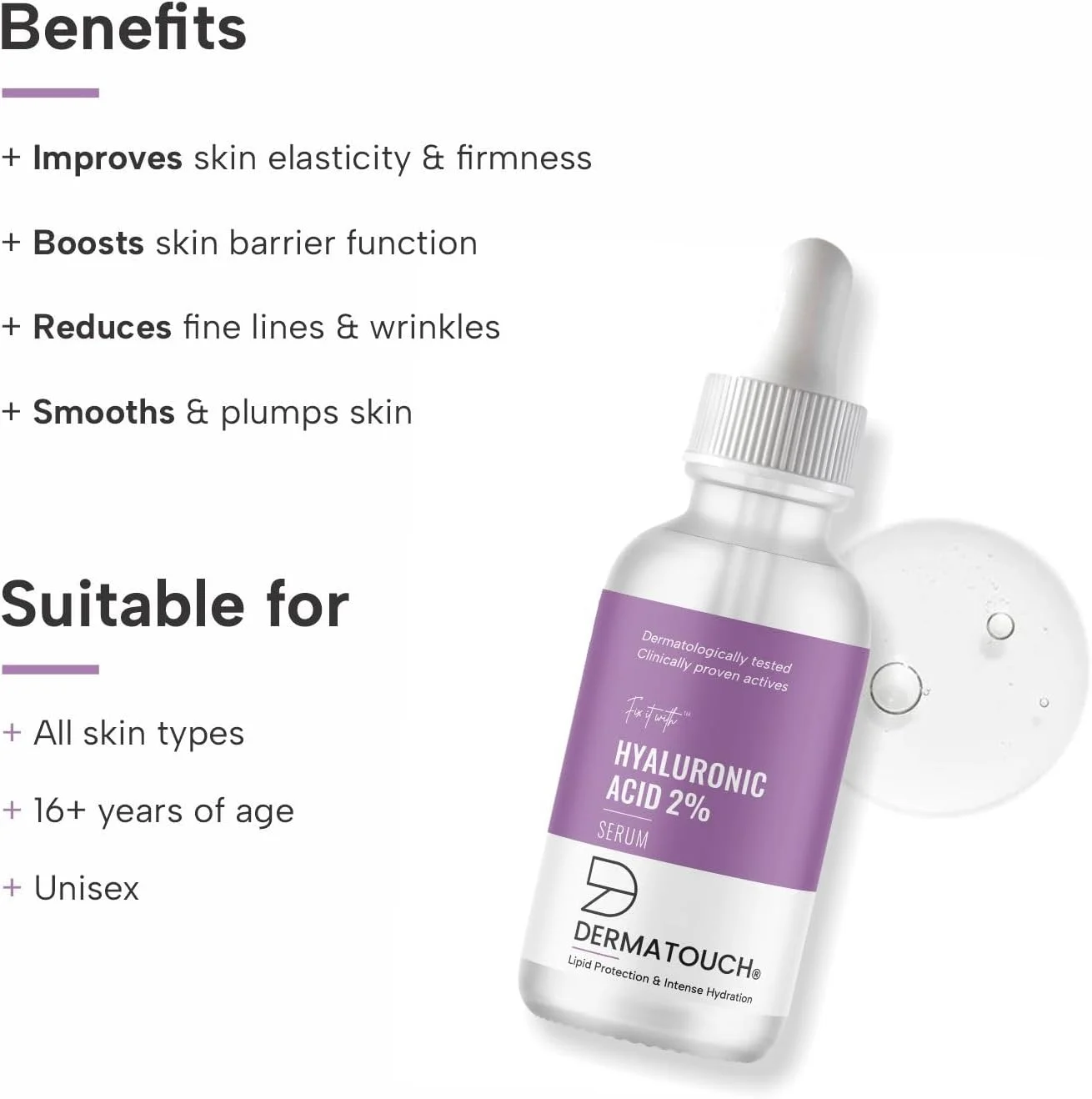 سرم هیالورونیک اسید 2% DERMATOUCH | برای آبرسانی عمیق و پوست درخشان | مخصوص پوست خشک | مناسب برای آقایان و بانوان | 30 میلی لیتر