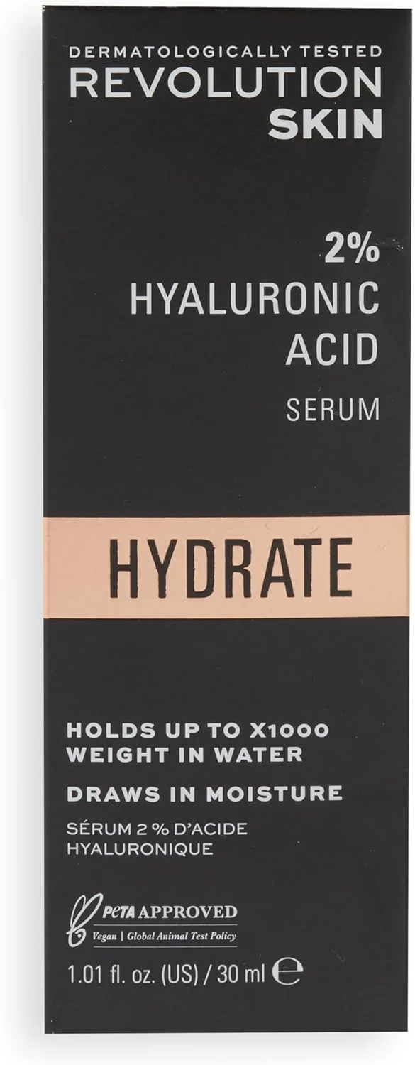 سرم هیالورونیک اسید Revolution Skincare London Beauty، حجیم کننده، نرم کننده و آبرسان پوست، محلول 2%، سبک و بدون عطر، 30 میلی لیتر