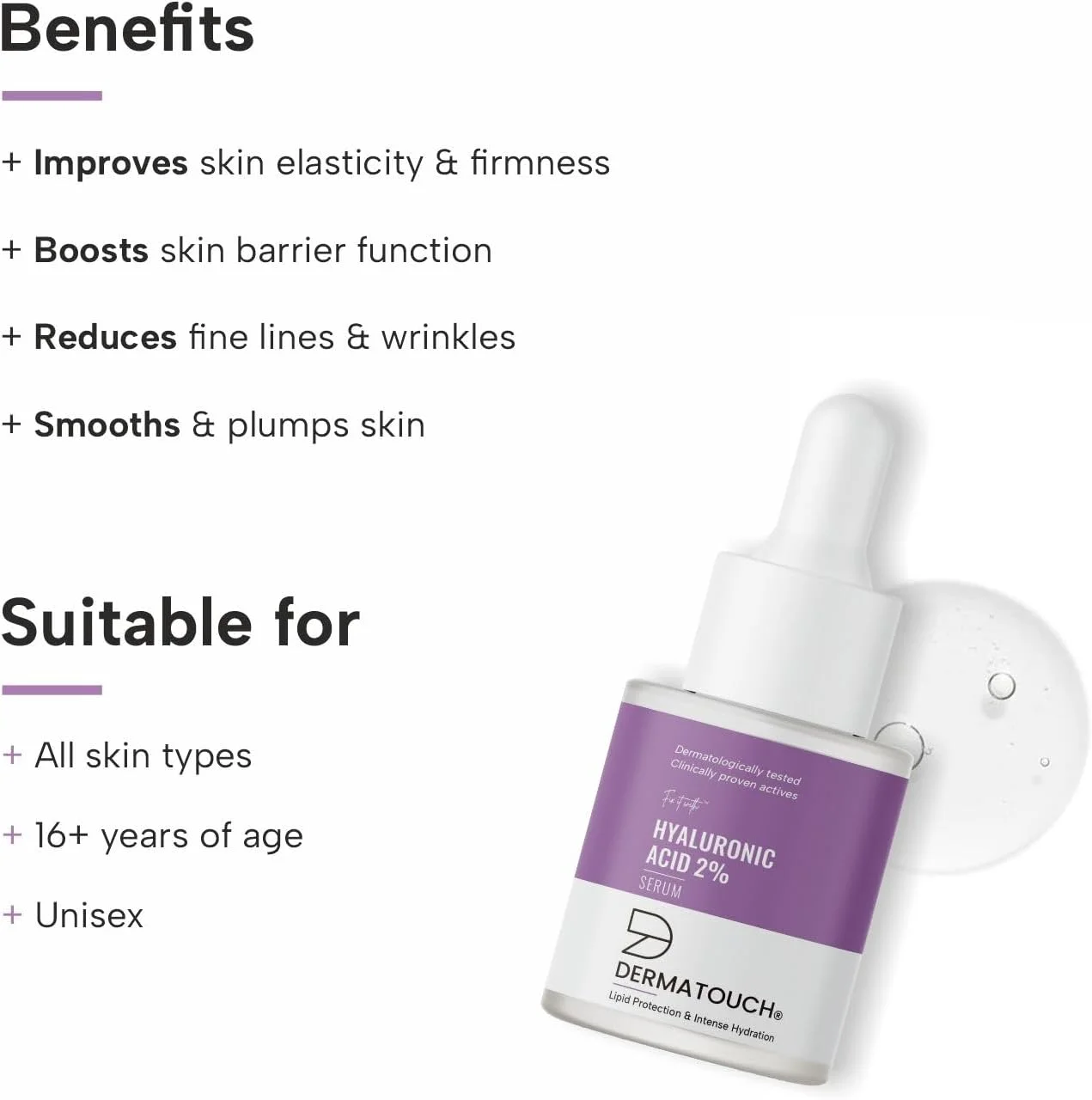 سرم هیالورونیک اسید 2% DERMATOUCH | برای آبرسانی عمیق و پوست درخشان | مخصوص پوست خشک | برای آقایان و بانوان | 18 میلی لیتر