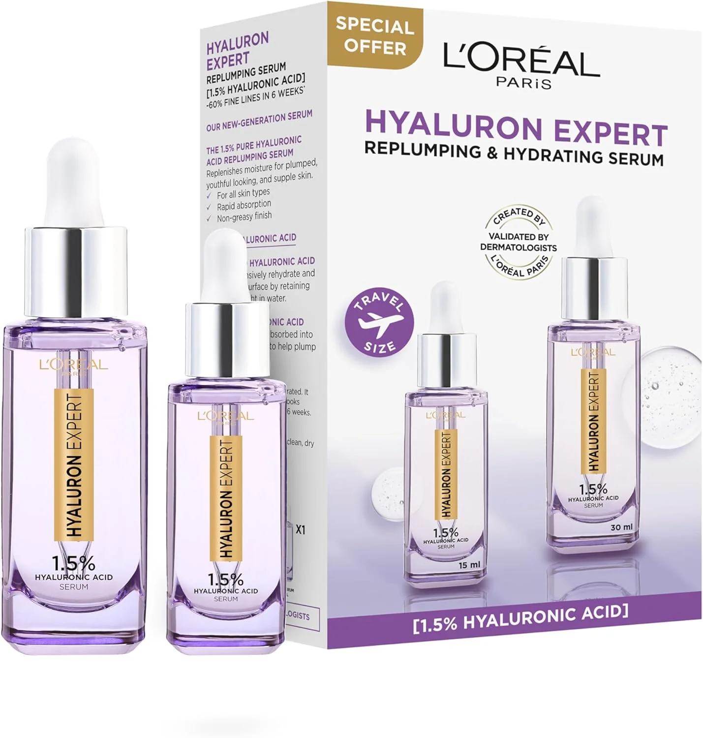 سرم آبرسان و پرکننده هیالورون اکسپرت لورال پاریس حاوی هیالورونیک اسید - 30 میلی لیتر + 15 میلی لیتر