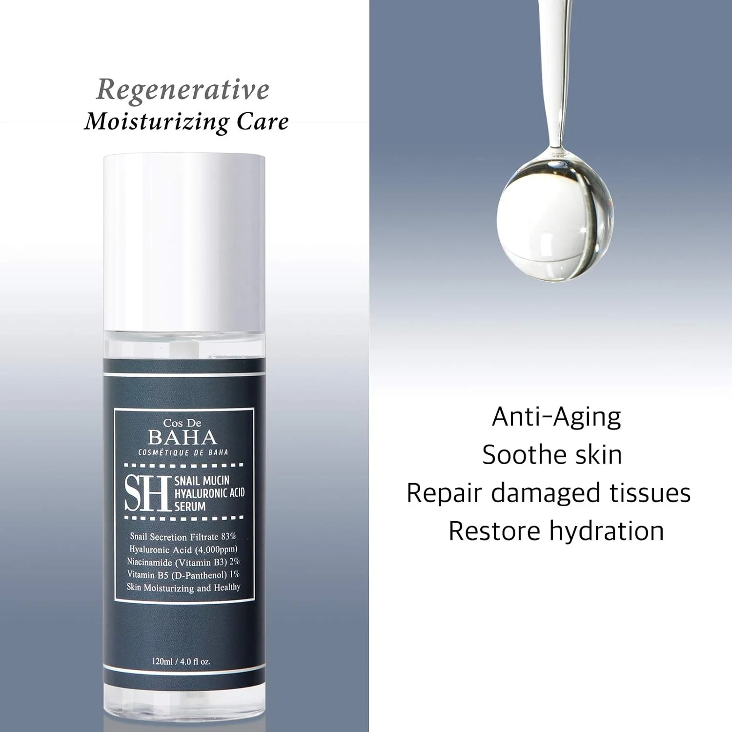 سرم صورت ترمیم کننده حلزون Cos De BAHA با ویتامین B3، نیاسینامید 2% و آلانتوئین 5% - 120 میلی لیتر