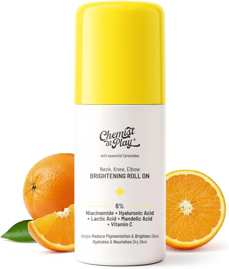 سرم رولی روشن کننده گردن، زانو و آرنج Chemist at Play حاوی 6% ویتامین C + اسید هیالورونیک + AHAs + نیاسینامید + سرامیدها | از بین برنده لک و آبرسان پوست خشک | 40 میلی لیتر