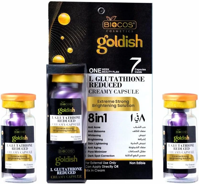 سرم روشن کننده و ضد پیری 8 در 1 BIOCOS Goldish (بسته 2 عددی) – حاوی ال-گلوتاتیون، کوجیک اسید، نیاسینامید و آلفا-ملایت برای ملاسما، لکه‌های تیره، چین و چروک و کاهش منافذ – 5 میلی لیتر