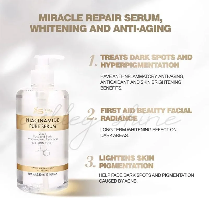 سرم خالص نیاسینامید اشلی شاین 2 در 1 روشن کننده و آبرسان پوست صورت و بدن 520 میلی لیتر
