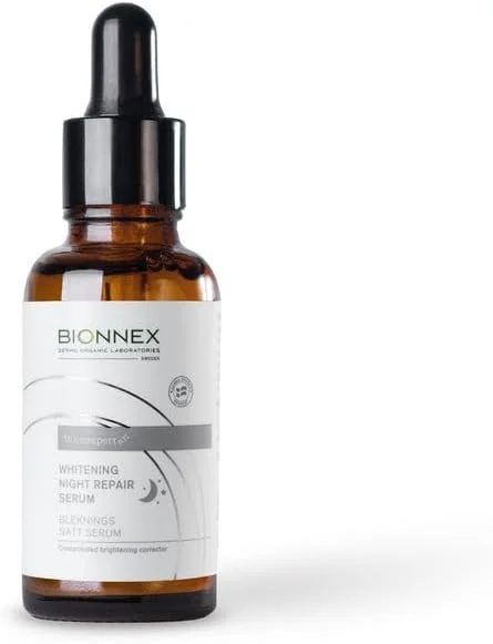 سرم ترمیم کننده شب Whitexpert Bionnex – سرم روشن کننده با قارچ Chaga، Curcuma Longa، ویتامین C و Lumiskin – اصلاح کننده لکه های تیره، یکنواخت کننده رنگ پوست – مناسب برای انواع پوست – 30 میلی لیتر