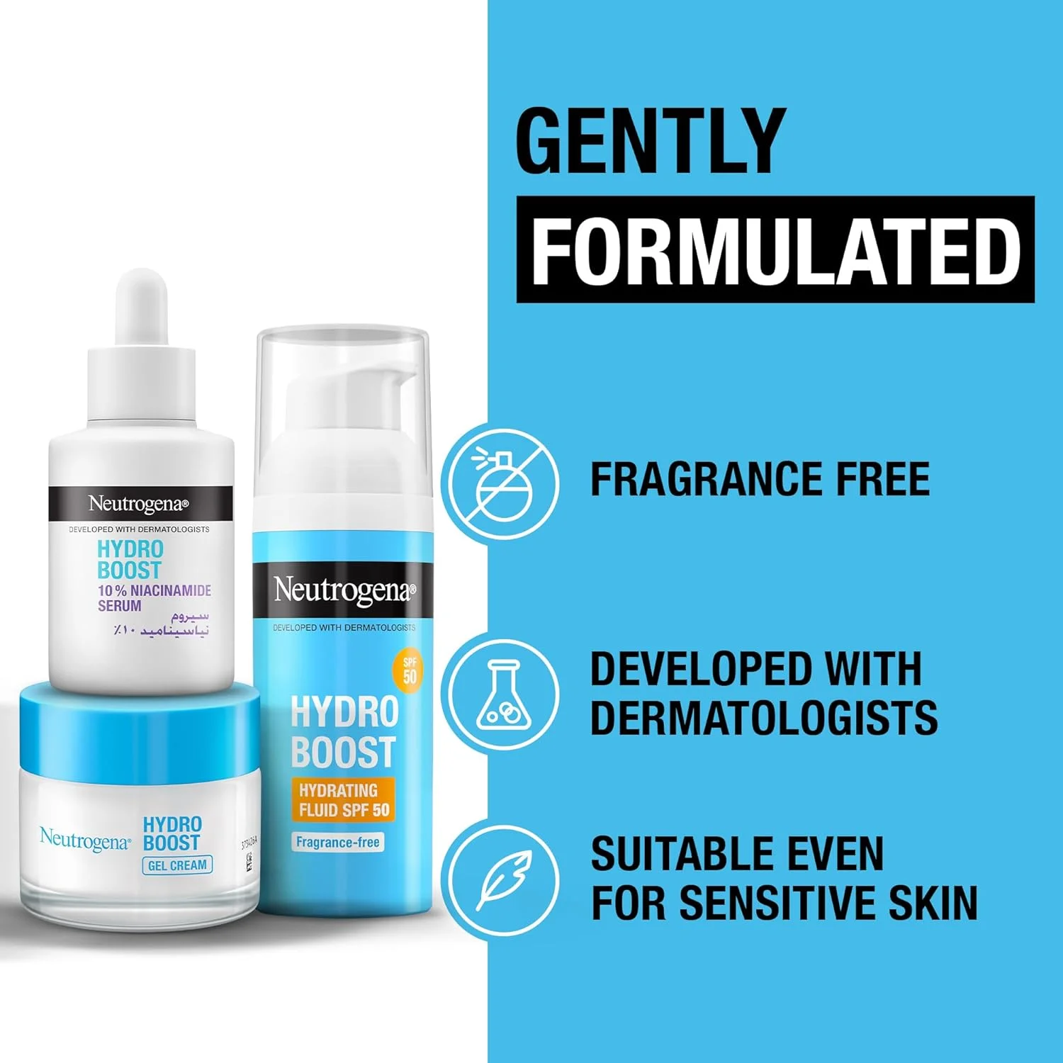 مجموعه رژیم درمانی درخشان کننده و محافظت کننده نوتروژینا هیدرو بوست - کرم ژل 50 میلی لیتر، سرم حاوی 10% نیاسینامید، مایع آبرسان ضد آفتاب با SPF 50