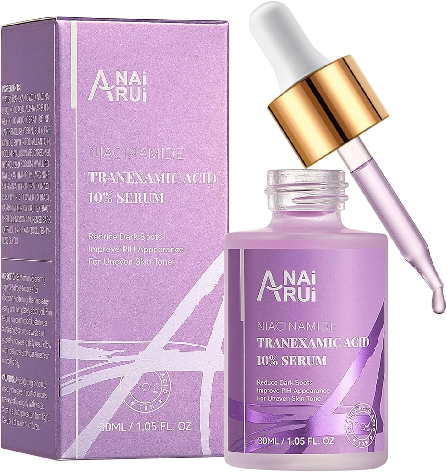 سرم 10% ترانگزامیک اسید ANAI RUI حاوی نیاسینامید، کوجیک اسید، آربوتین و سرامید، مناسب برای یکنواخت کردن رنگ پوست، 30 میلی لیتر