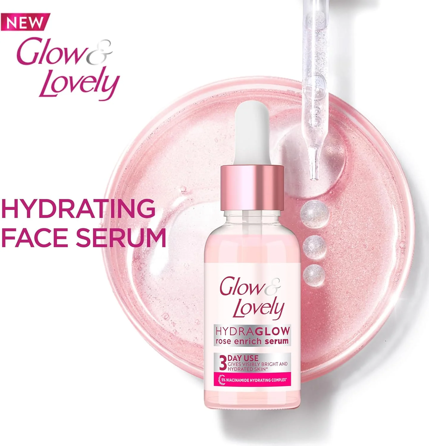 سرم صورت آبرسان GLOW & LOVELY Hydraglow، کمپلکس آبرسان نیاسینامید 5%، پوست به طور مشهود روشن و آبرسانی شده در 3 روز، 30 گرم