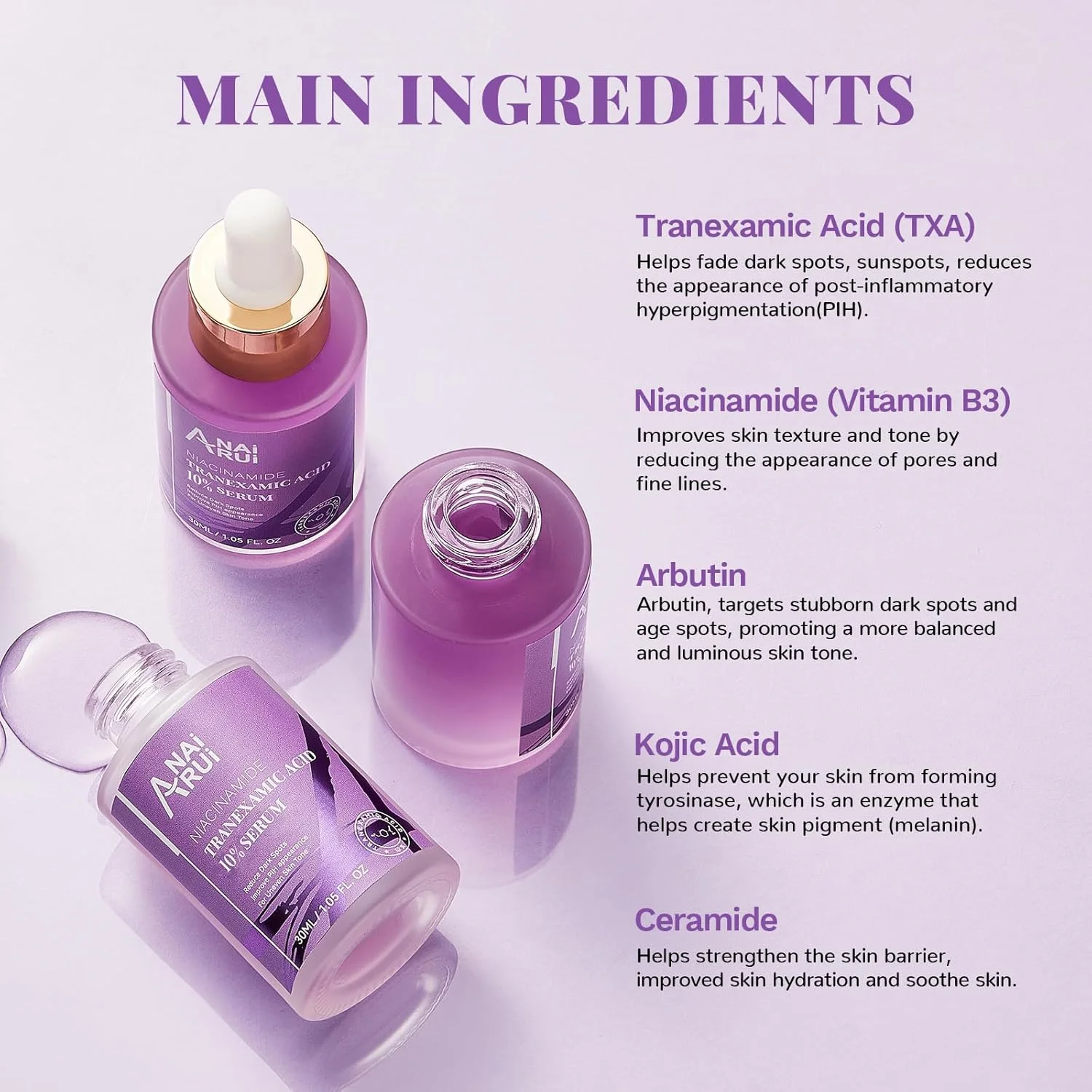 سرم 10% ترانگزامیک اسید ANAI RUI حاوی نیاسینامید، کوجیک اسید، آربوتین و سرامید، مناسب برای یکنواخت کردن رنگ پوست، 30 میلی لیتر سرم 10% ترانگزامیک اسید ANAI RUI حاوی نیاسینامید، کوجیک اسید، آربوتین و سرامید، مناسب برای یکنواخت کردن رنگ پوست، 30 میلی لیتر