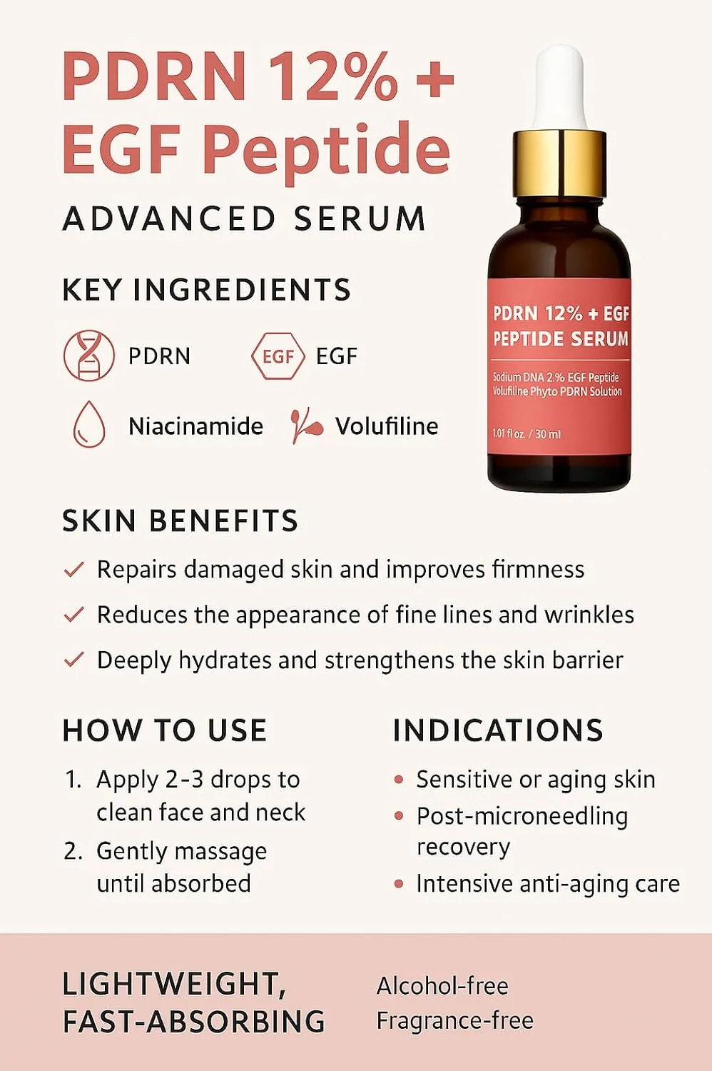 سرم میکرونیدلینگ پپتید PDRN با EGF، DNA سالمون و PDRN گیاهی 12%، فاکتور رشد - سرم صورت ضد پیری با نیاسینامید و اسید هیالورونیک 30 میلی لیتر مراقبت از پوست کره ای سرم میکرونیدلینگ پپتید PDRN با EGF، DNA سالمون و PDRN گیاهی 12%، فاکتور رشد - سرم صورت ضد پیری با نیاسینامید و اسید هیالورونیک 30 میلی لیتر مراقبت از پوست کره ای