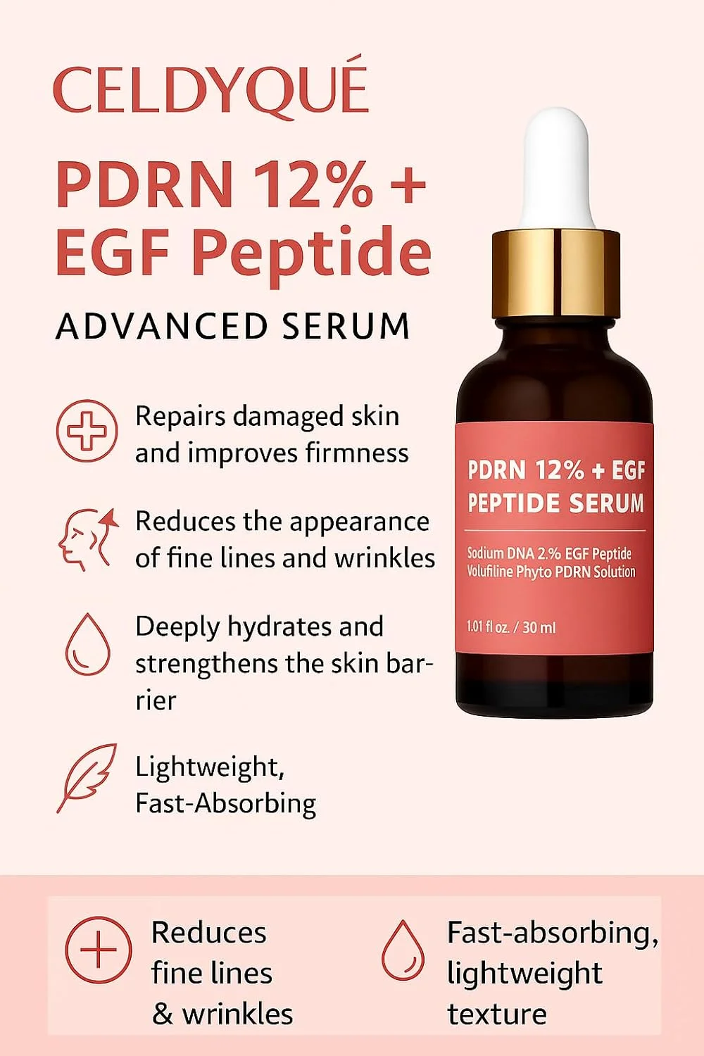 سرم میکرونیدلینگ پپتید PDRN با EGF، DNA سالمون و PDRN گیاهی 12%، فاکتور رشد - سرم صورت ضد پیری با نیاسینامید و اسید هیالورونیک 30 میلی لیتر مراقبت از پوست کره ای سرم میکرونیدلینگ پپتید PDRN با EGF، DNA سالمون و PDRN گیاهی 12%، فاکتور رشد - سرم صورت ضد پیری با نیاسینامید و اسید هیالورونیک 30 میلی لیتر مراقبت از پوست کره ای