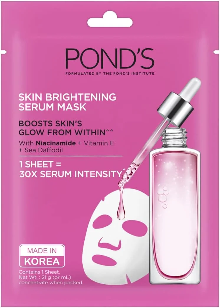 ماسک ورقه‌ای سرمی Pond's برای پوست درخشان، روشن کننده پوست با نیاسینامید، ویتامین E و نرگس دریایی، 21 میلی‌لیتر