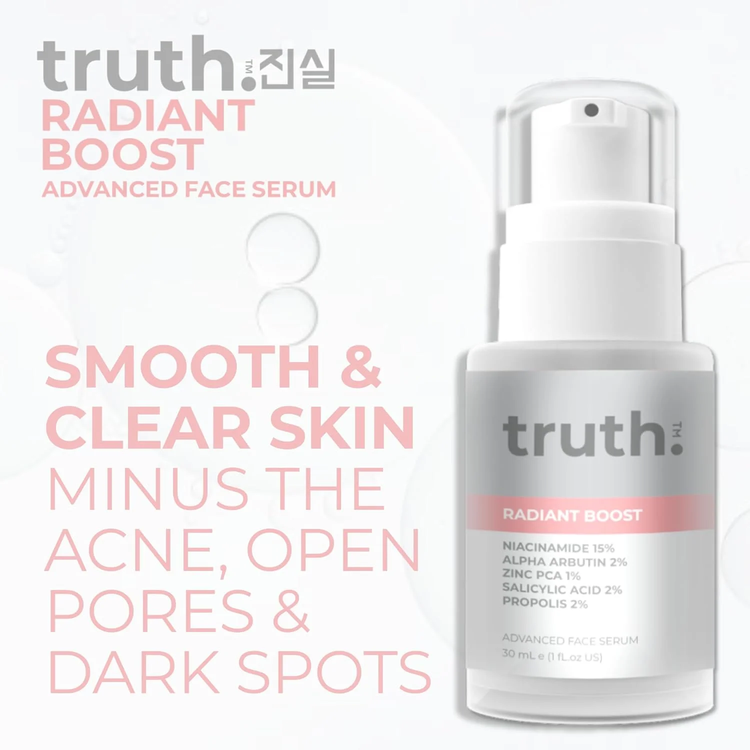 سرم پیشرفته صورت Truth Radiant Boost حجم 30 میلی لیتر حاوی نیاسینامید 15% + آلفا آربوتین 2% + سالیسیلیک اسید 2% + زینک PCA 1% + پروپولیس 2% فرموله شده در کره