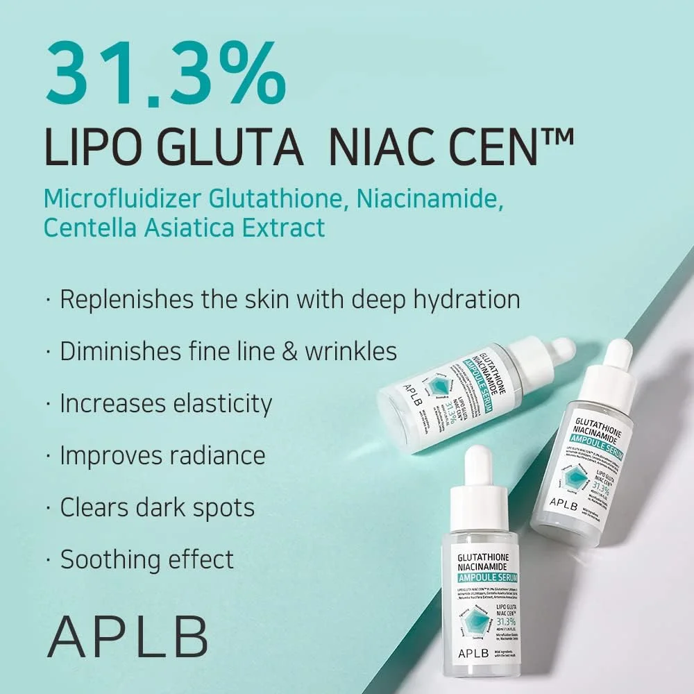 سرم آمپول گلوتاتیون نیاسینامید APLB | LIPO GLUTA NIAC CEN™ 31.3% 40ml، مراقبت از پوست کره ای، مرطوب کننده بادوام، بهبود خاصیت ارتجاعی پوست، احیا کننده ملایم و بهبود بافت پوست