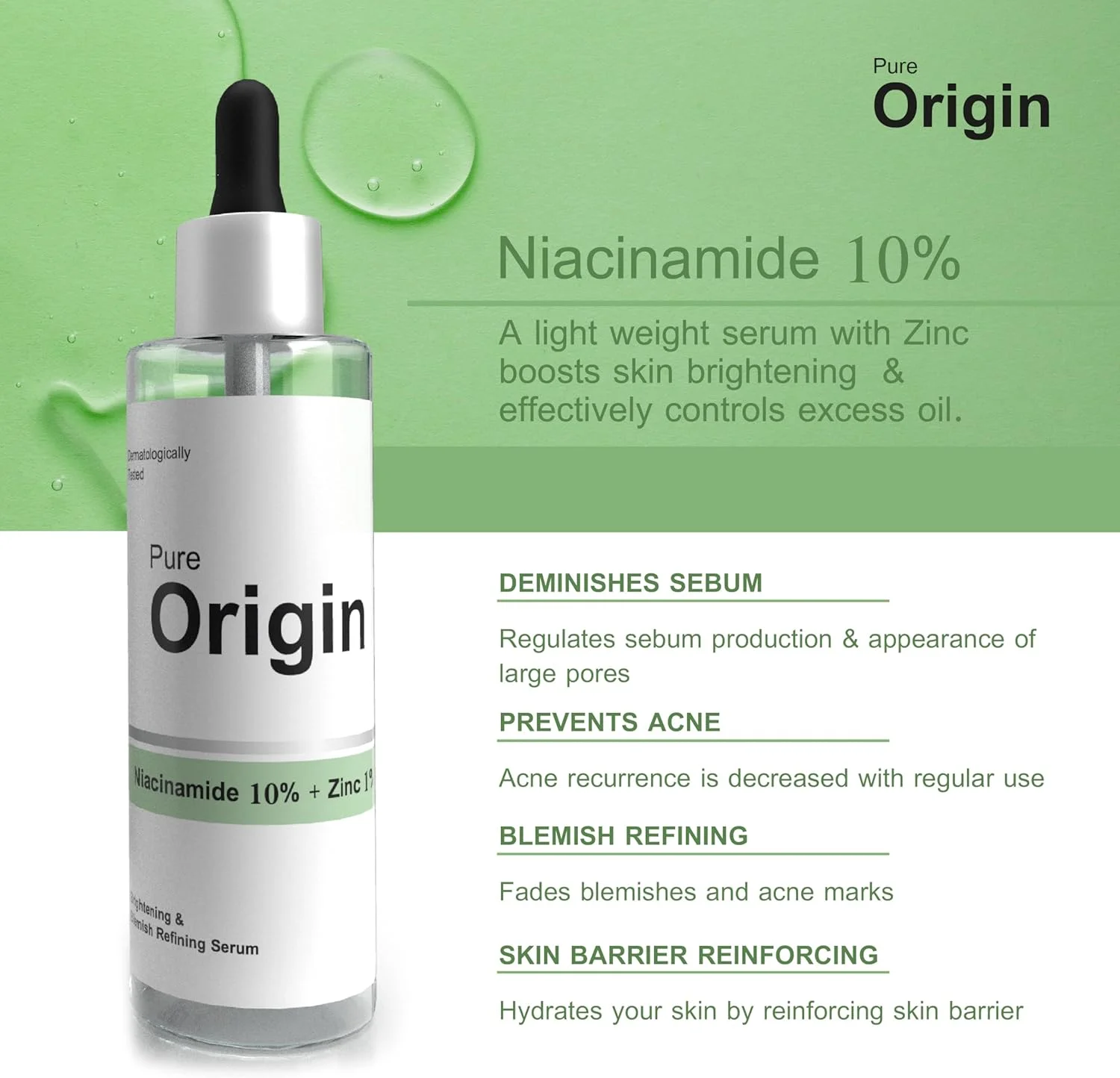 سرم صورت نیاسینامید 10% + زینک 1% | کاهش منافذ پوست | ایجاد بافت صاف | افزایش درخشندگی پوست | سازگار با محیط زیست | سرم تایید شده بالینی | 30 میلی لیتر