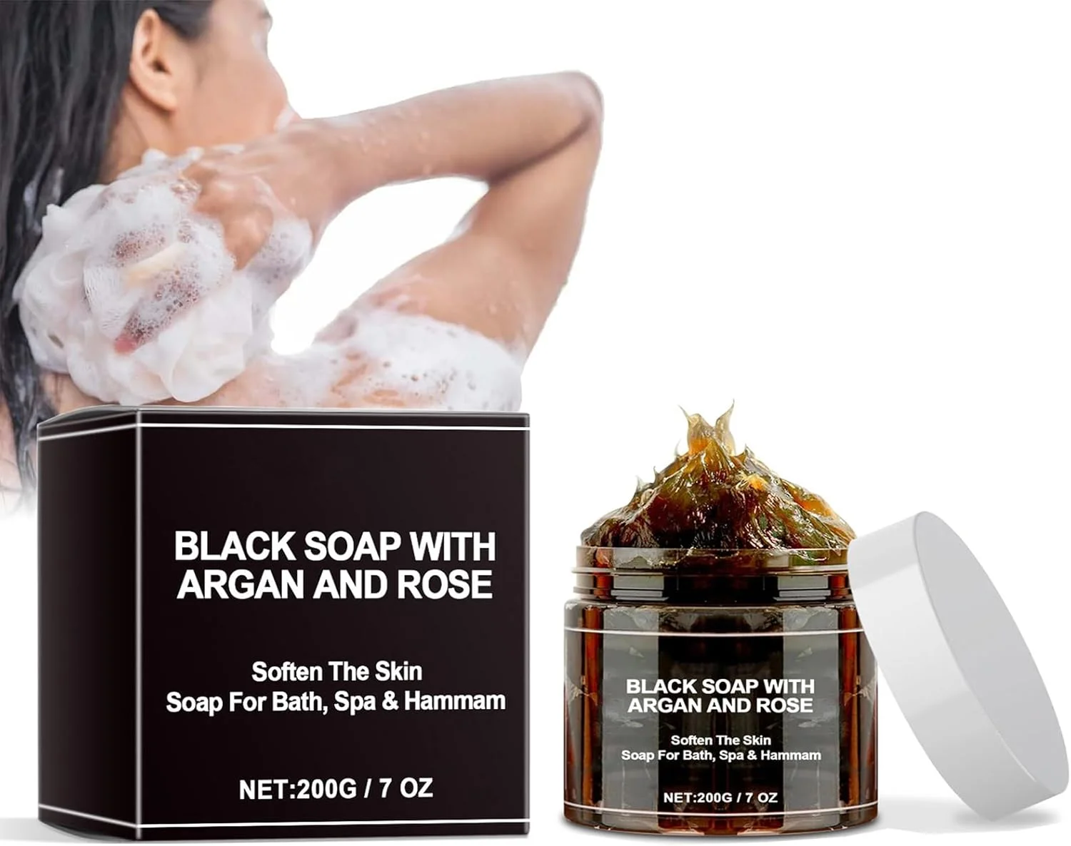صابون سیاه مراکشی، صابون لایه بردار بدن، ژل شستشوی اسکراب بدن مراکشی، مناسب برای انواع پوست، 200 گرم