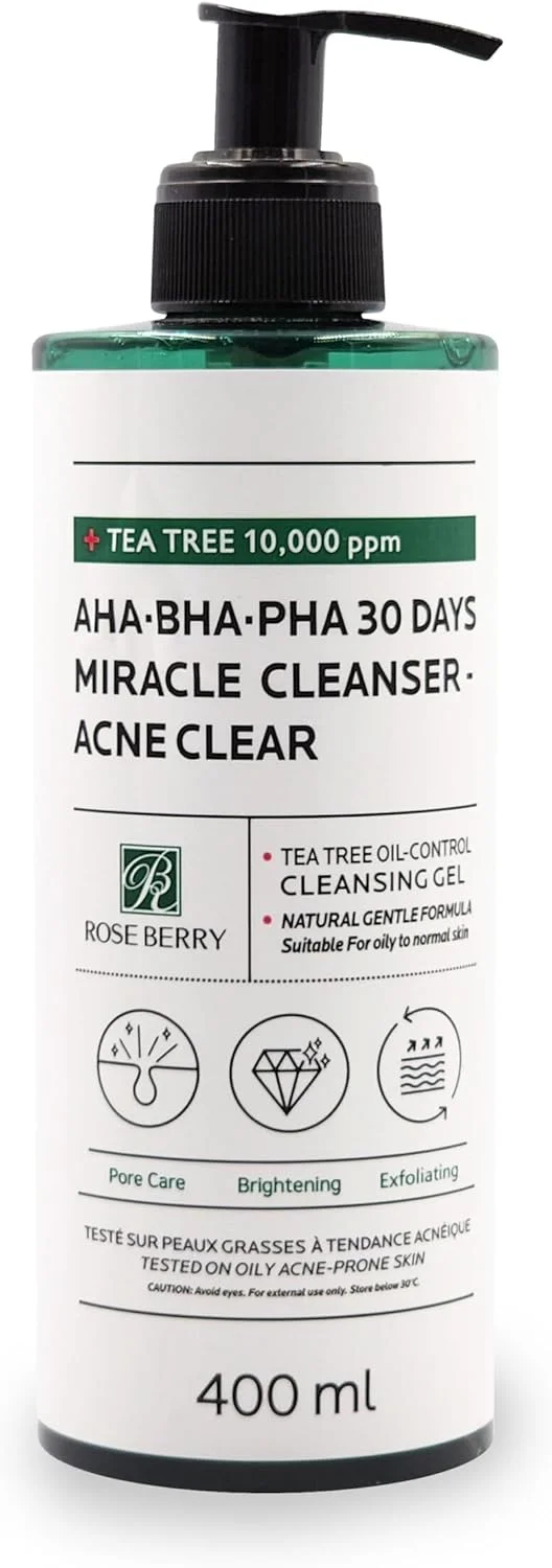 شوینده معجزه گر 30 روزه ROSE BERRY AHA-BHA-PHA - شوینده صورت ضد جوش برای پوست های چرب و مستعد جوش - ژل پاک کننده کنترل کننده چربی درخت چای - شوینده ملایم لایه بردار صورت با فرمول طبیعی - 100 میلی لیتر