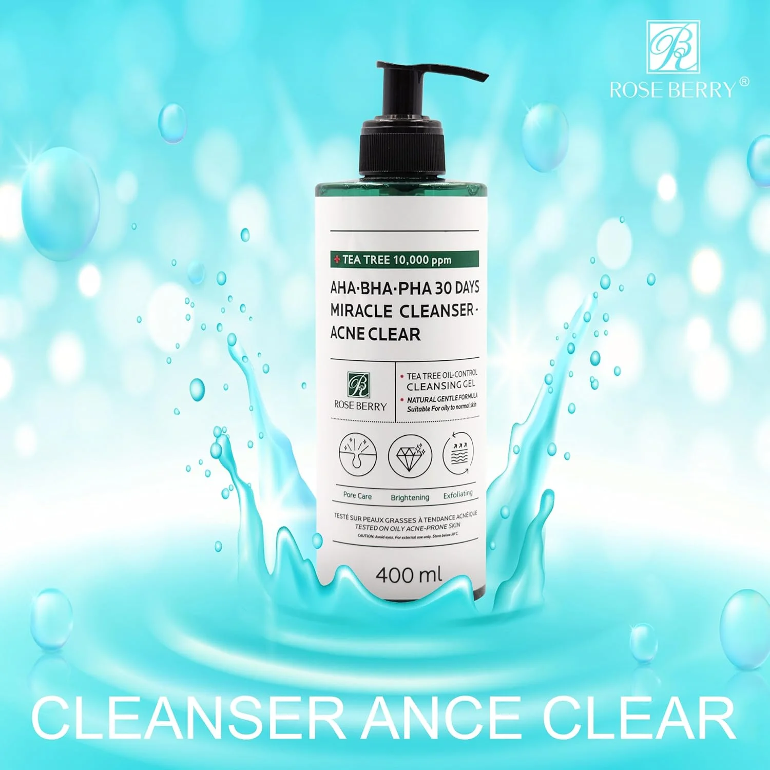 شوینده معجزه گر 30 روزه ROSE BERRY AHA-BHA-PHA - شوینده صورت ضد جوش برای پوست های چرب و مستعد جوش - ژل پاک کننده کنترل کننده چربی درخت چای - شوینده ملایم لایه بردار صورت با فرمول طبیعی - 100 میلی لیتر