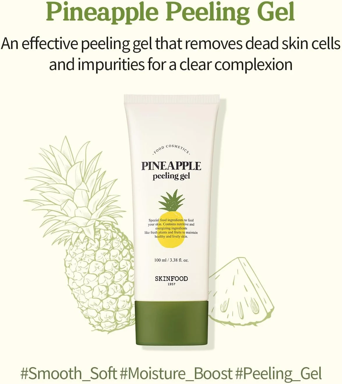 ژل لایه بردار آناناس اسکین فود از سال 1957، 100 میلی لیتر. حاوی آناناس و آلوئه ورا، ژل لایه بردار عمیق صورت، از بین برنده سبوم، پوستی شفاف و بدون لک