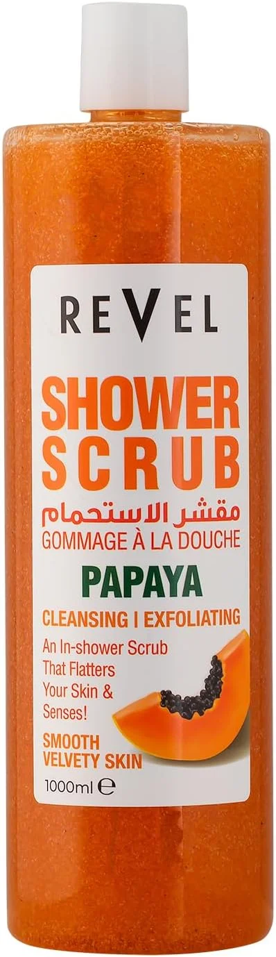 اسکراب دوش پاپایا Revel نارنجی 1000 میلی لیتر، لایه بردار، مرطوب کننده، ژل دوش، پاک کننده، لایه برداری کننده، مخملی صاف، مراقبت از پوست، برای آقایان و بانوان، حمام و بدن، برای انواع پوست، استفاده روزانه