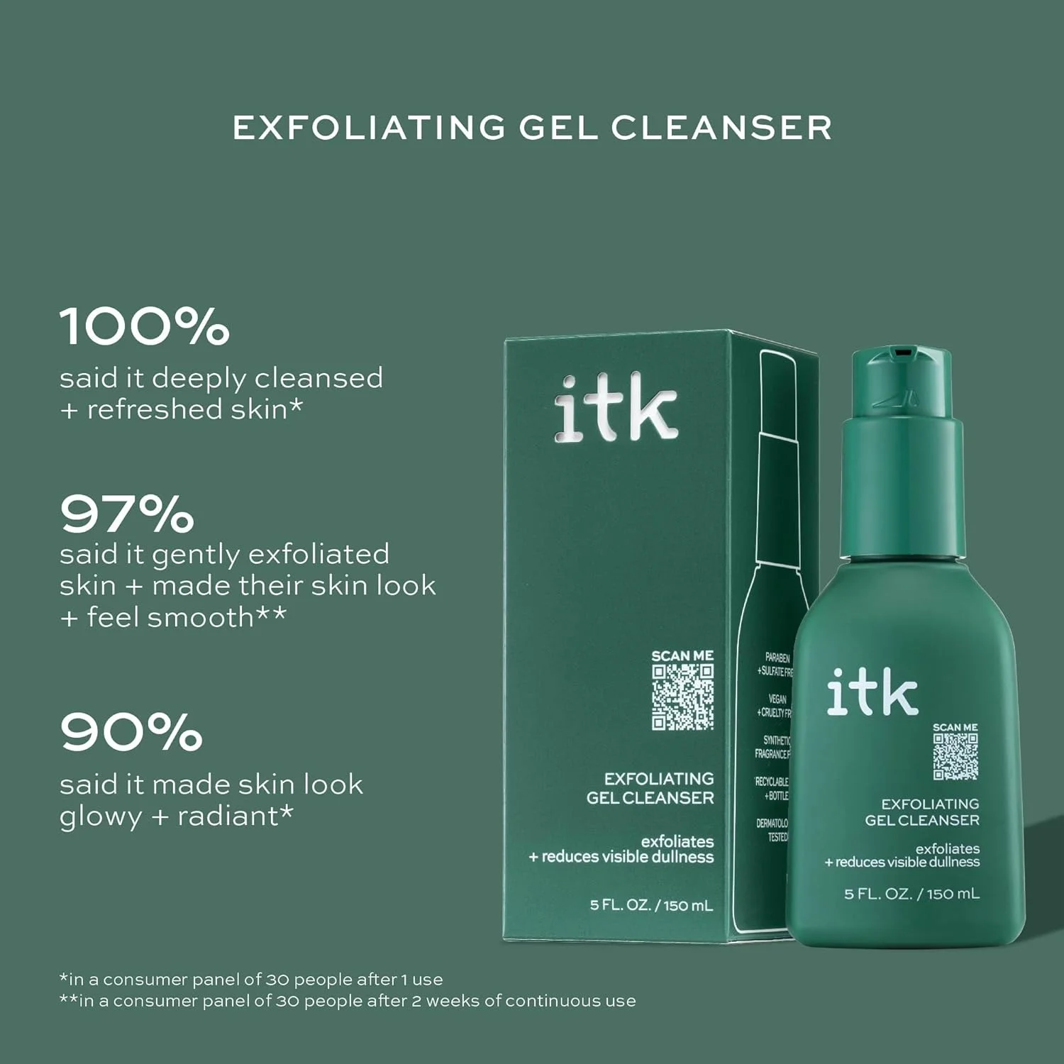 ژل پاک کننده لایه بردار ITK - روشن کننده + صاف کننده پوست - پاک کننده ملایم آرایش + آلودگی - پوست یکدست - پاک کننده پوست - فرمول گلیکولیک برای روشن کردن پوست + عصاره اسپیرولینا