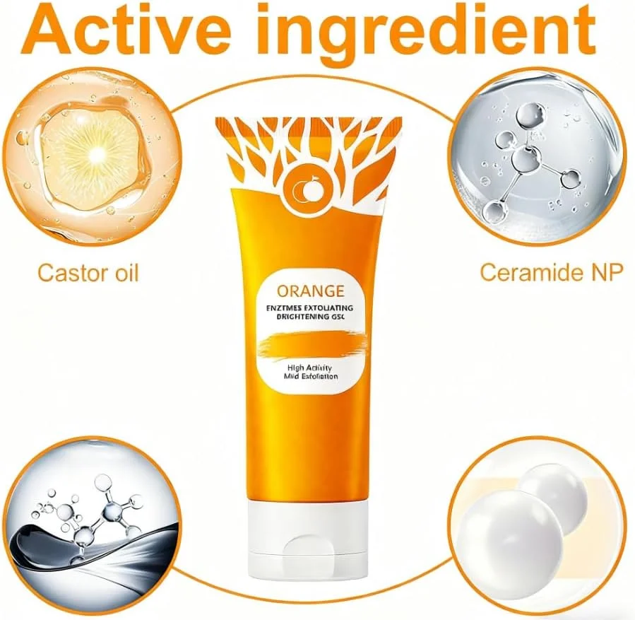 ژل لایه بردار آنزیم های پرتقال، ژل لایه بردار طبیعی، اسکراب پاک کننده صورت پرتقالی همراه با برس، برای انواع پوست صورت، پاک کننده عمیق و مرطوب کننده