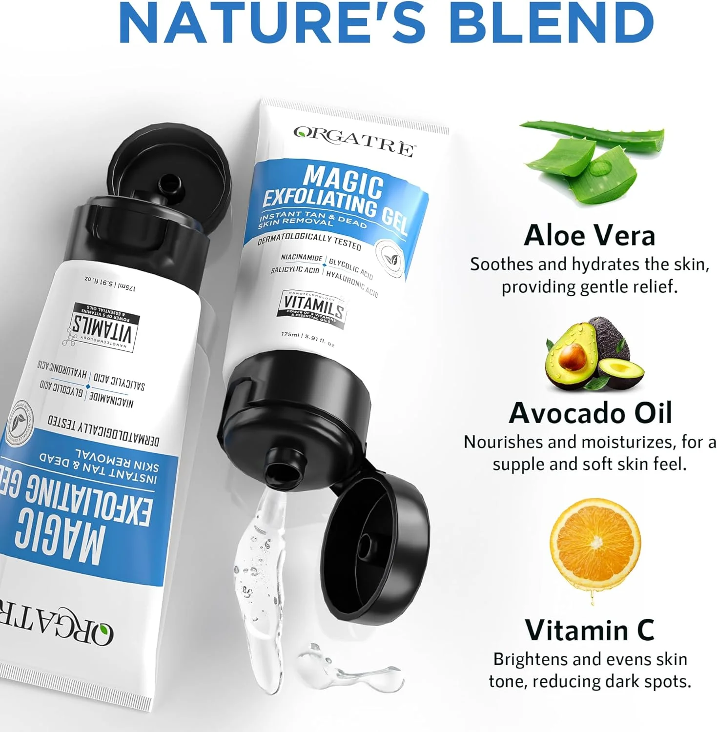 ژل لایه بردار جادویی اُرگاتره | حذف فوری تیرگی و پوست مرده صورت و بدن | تست شده توسط متخصص پوست با نیاسینامید 0.001%، گلیکولیک اسید 0.10%، سالیسیلیک اسید 0.01% و هیالورونیک اسید |