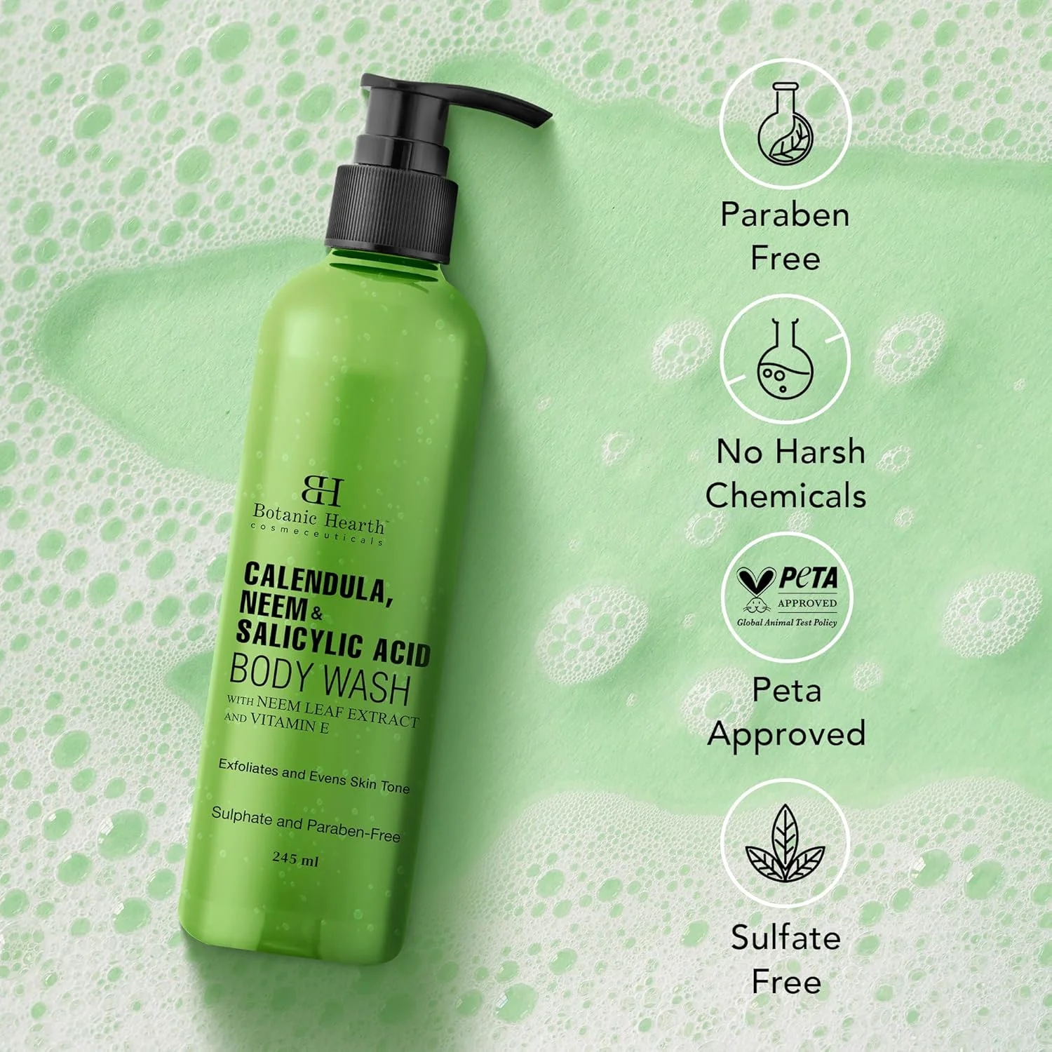 شوینده بدن کالاندولا، چریش و سالیسیلیک اسید بوتانیک هارت | جلوگیری از آکنه و آکنه پشت، از بین برنده پوست مرده، ژل دوش لایه بردار بدن برای زنان و مردان | بدون سولفات و پارابن | 245 میلی لیتر