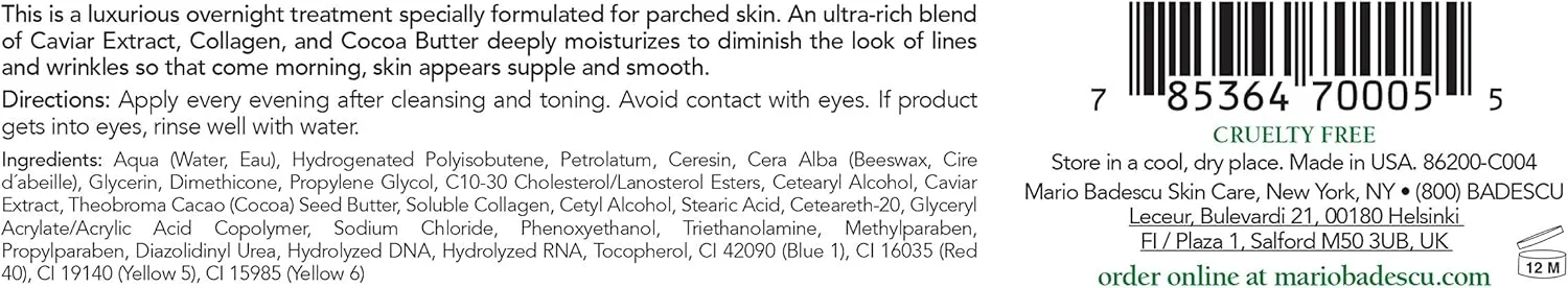 کرم شب خاویار ماریو بدسکو، کرم صورت فوق العاده غنی ضد پیری برای زنان، فرموله شده با عصاره خاویار احیا کننده و الاستین صاف کننده، ایده آل برای پوست های خشک یا حساس، 30 میلی لیتر