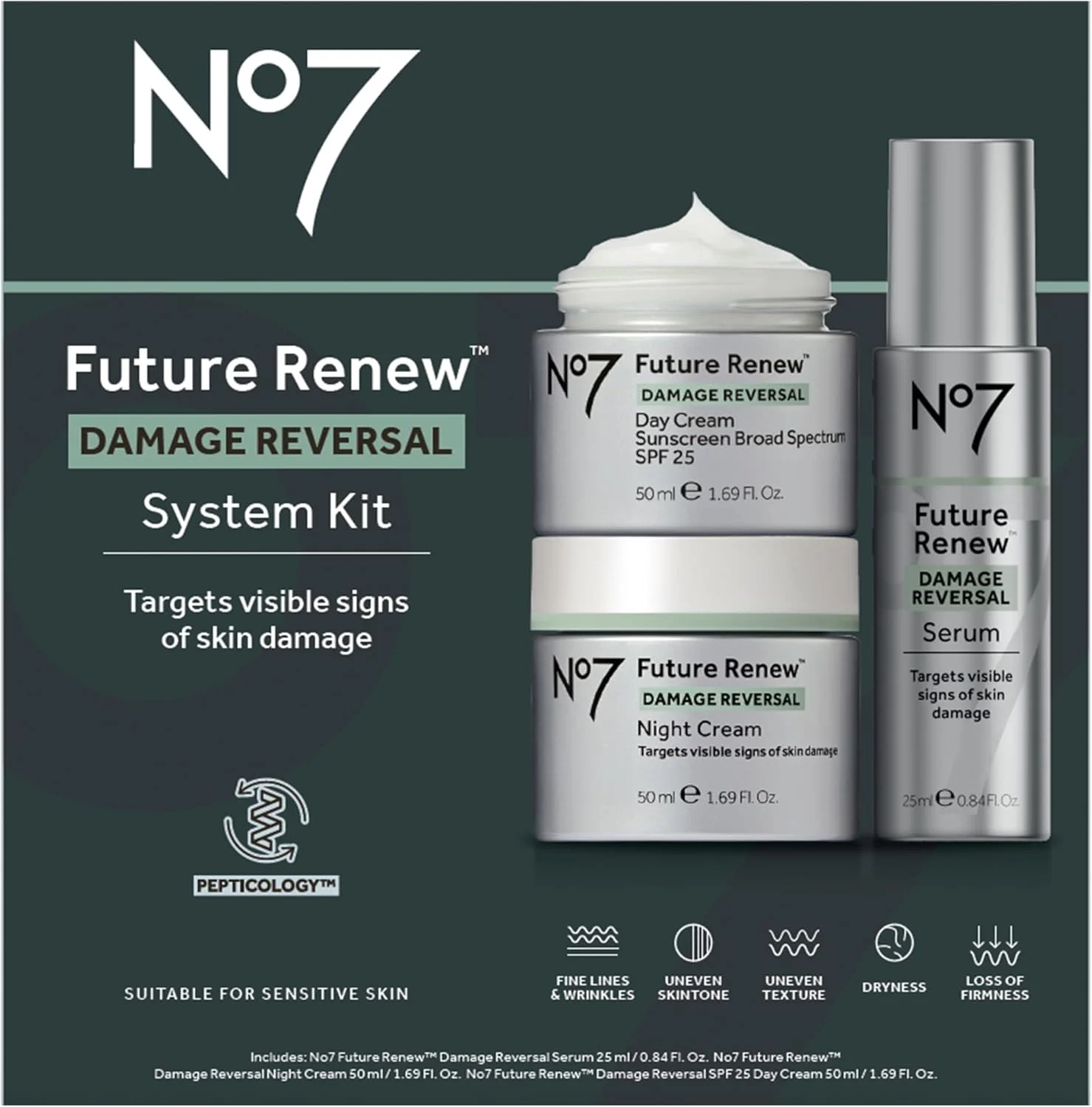 مجموعه مراقبت از پوست احیا کننده شماره 7 - سرم صورت ضد پیری (10 میلی لیتر)، کرم روز با SPF 25 (50 میلی لیتر) و کرم شب (50 میلی لیتر) - از بین برنده علائم قابل مشاهده آسیب های ناشی از نور خورشید - مجموعه 3 عددی